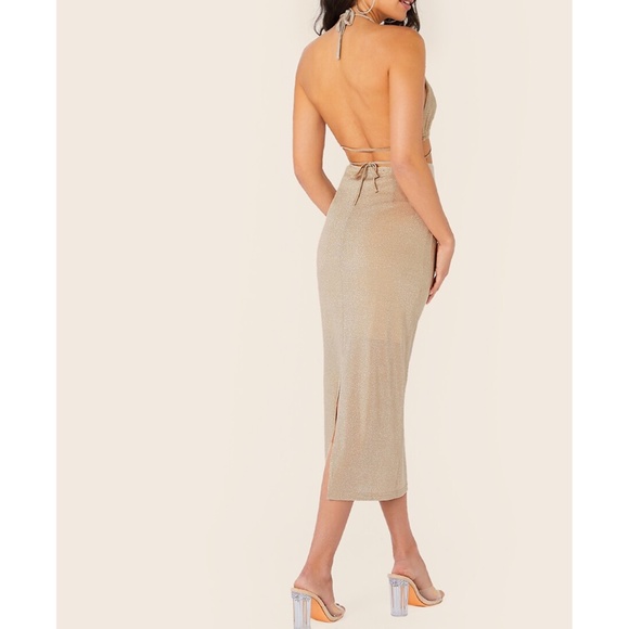 Nude Glitter Cut Out Halter Bodycon Midi Dress - Picture 2 of 6